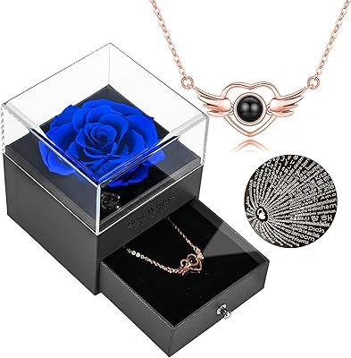 amone 永生真蓝玫瑰与 i love you 项链,100 种语言永恒花朵玫瑰礼物